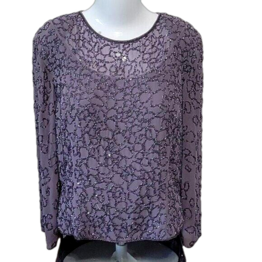 Sylvia Ann Blouse Beaded Periwinkle sequins Sz 10-12 formal dressy party Retro